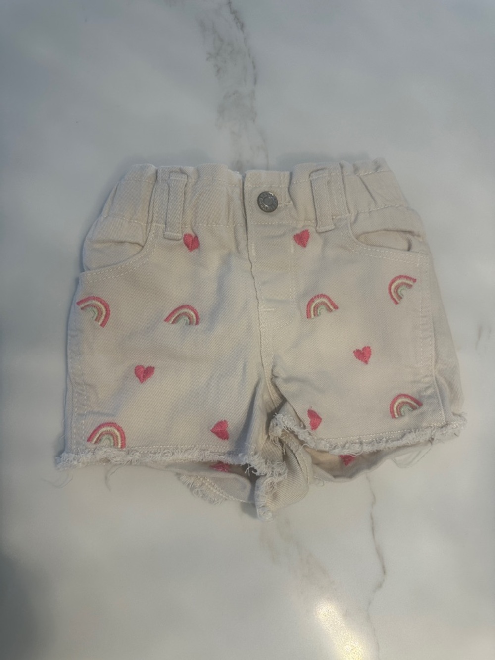 GAP Cream Denim Shorts with Pink Rainbow & Heart Embroidery